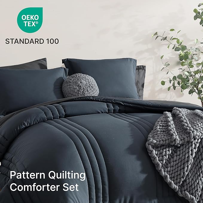 Monbix Twin XL Size Comforter Set - Extra Long 5 Pieces Dorm Bedding Sets, Quilting Design Fluffy Bed in a Bag Twin XL with Sheets, Pillowcase & Sham(Blue Grey)
