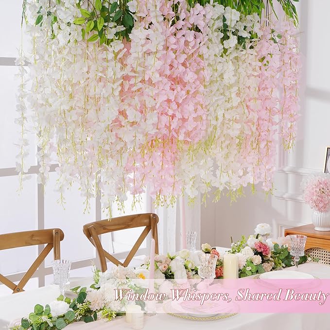 60 Pack White Pink Wisteria Hanging Flowers, Fake Hanging Flowers for Decoration, Artificial Flowers,Vines for Bedroom,Flower Garland for Home,Party,Garden, Wall,Wedding Decoration(3.6 Ft/Pcs)