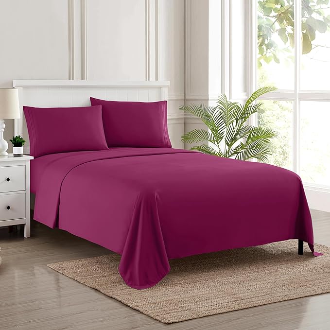 Twin XL Sheets - Breathable Luxury Sheets with Full Elastic & Secure Corner Straps Built In - 1800 Supreme Collection Extra Soft Deep Pocket Bedding Set, Sheet Set, Twin XL, Berry