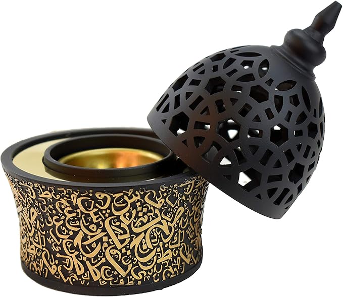 Intense Oud Calligraphy Style Closed Resin Incense Burner – 8 Inches, Black Metal Tray, Arabian Bakhoor Burner for Yoga, Aromatherapy, Home, Office & Bedroom Decor