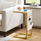 TUTOTAK C Shaped End Table with Charging Station, Side Table for Sofa, Couch Table with Storage Bag, TV Tray Table with 2 USB Ports and Outlets for Living Room, Bedroom, White and Gold TB01BWG024
