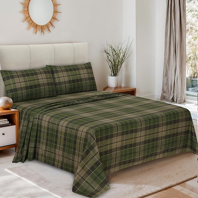 RUVANTI Flannel Sheets King Size - 100% Cotton Brushed King Size Sheets Set - Deep Pockets 16 Inches Bed Sheets - All Seasons Breathable & Extra Soft - Warm & Cozy, 4 Piece, DNA Plaid