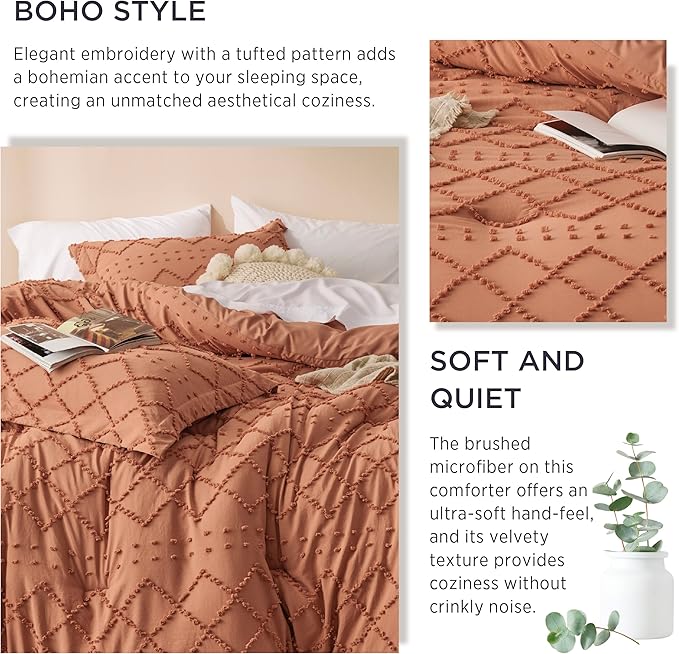 Bedsure King Comforter Set - Pumpkin Comforter, Boho Tufted Shabby Chic Bedding for Kids, 3 Pieces Vintage Farmhouse Bed Set for All Seasons, Fluffy Soft Bedding with 2 Pillow Shams