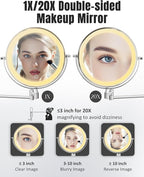 Wall Mounted Makeup Mirror with Light, 20X/1X 8'' Double Sided LED Magnifying Bathroom Lighted Vanity Mirror with Magnification, 3 Color Light up Touch Dimmable Extended Arm 360 Rotation