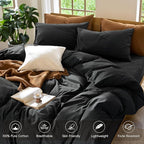 MooMee Bedding Duvet Cover Set 100% Washed Cotton Linen Like Textured Breathable Durable Soft Comfy (Solid Black, Super Queen 90"x98")