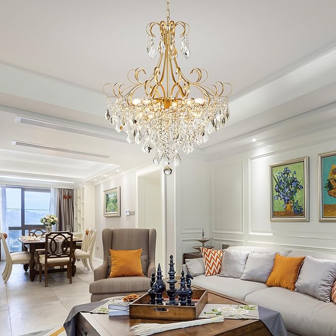 WUZUPS Crystal Chandelier 10-Light Pendant Ceiling Light Modern Lighting Fixture for Dining Room Hallway Bedroom Kitchen Bathroom, H 27.6" x W 22.8", E12 Base, Gold
