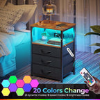 Seventable Nightstand with Charging Station and LED Light, Set of 2 Side Table with 3 Fabric Drawers, Bedside End Table with USB Ports and Outlets, Night Stand for Bedroom, Rustic Brown