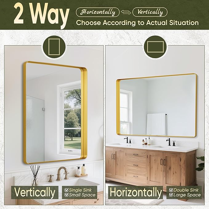 Suidia Bathroom Mirror, 60" x 36" Wall Mirror Metal Framed, Bathroom Vanity Mirror for Living Room Bedroom Bathroom Entryway, Gold, Rounded Corner Style