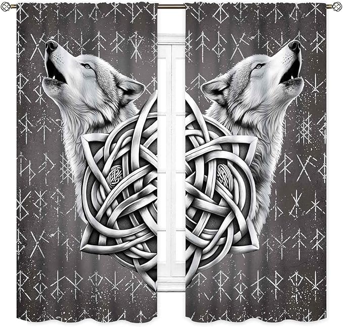 Viking Curtains, Gothic Nordic Wolf Celtic Rune Scandinavian Viking Runes Norse Mythology Aesthetic Retro Drapery for Bedroom Living Room Bathroom Window 2 Panel Set, 63"x63" Inch
