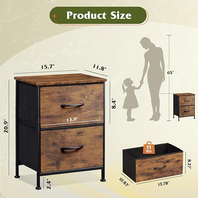 WLIVE Night Stand, Small 2 Drawer Dresser, Nightstand with Fabric Bins for Bedroom, Closet, Dorm, Rustic Brown Wood Grain Print, 11.8" D x 15.7" W x 20.9" H
