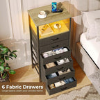 Seventable Night Stand with Charging Station, Tall Nightstand with 6 Fabric Storage Drawers, Side Table with LED Light for Bedroom, Entryway, Greige