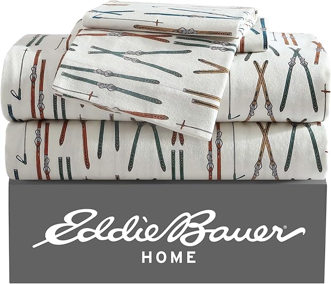 Eddie Bauer - Twin Sheets, Cotton Flannel Bedding Set, Brushed For Extra Softness, Cozy Home Decor (Ski Line White, Twin)