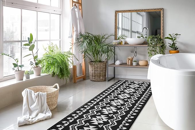 Custom Length Cut to Size Tribal Ethnic Southwestern Inspired Hallway Runner Rug, Non Slip Rubber Backed, 31 inch Wide X Customized Length, Aztec Black, 31 inch X 7 feet