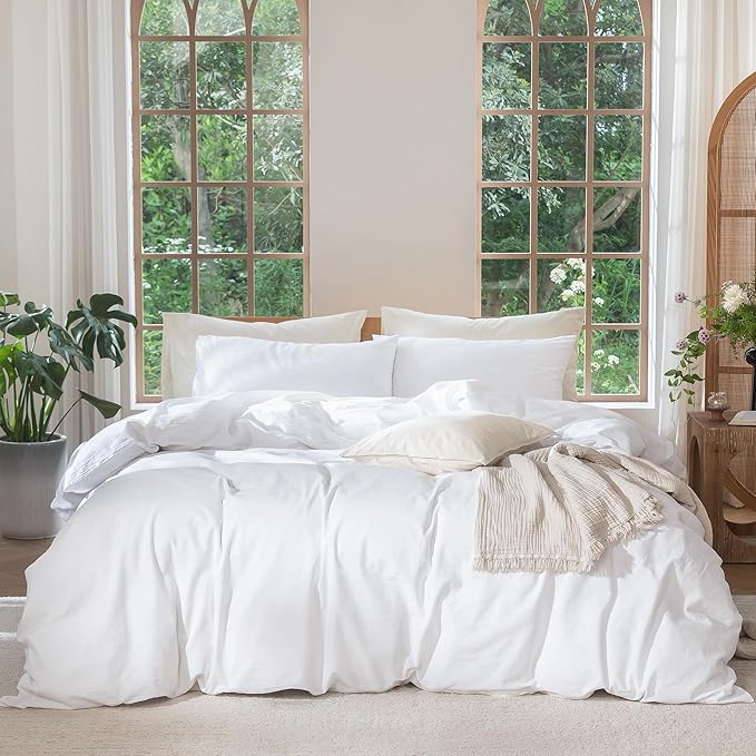 MooMee Bedding Duvet Cover Set 100% Washed Cotton Linen Like Textured Breathable Durable Soft Comfy (Solid Bright White, Super King Plus 120"x120")