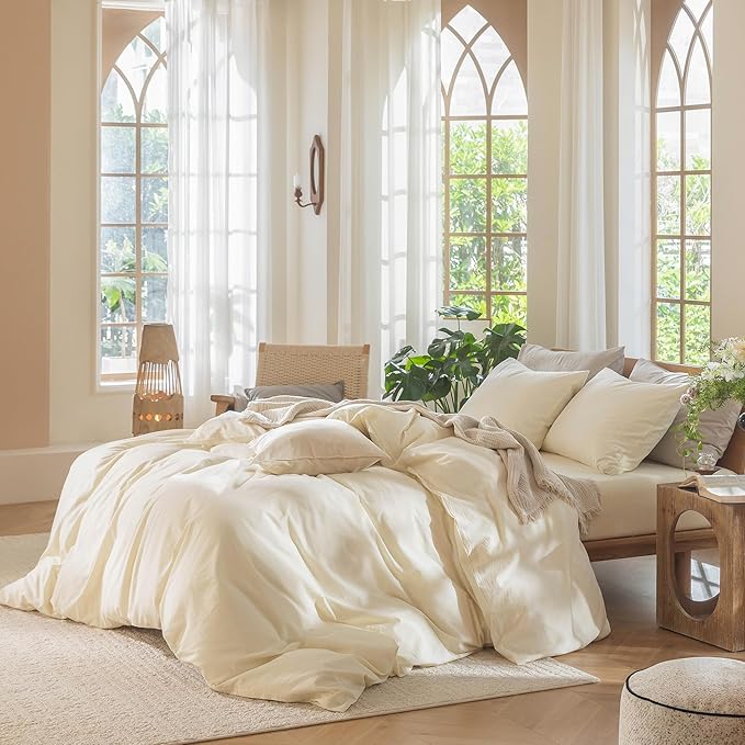 MooMee Bedding Duvet Cover Set 100% Washed Cotton Linen Like Textured Breathable Durable Soft Comfy (Solid Cream White, Queen 90"x90")
