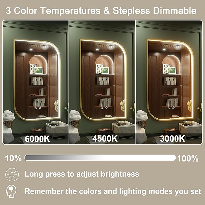 40x24 Inch Gold LED Bathroom Mirror, Adjustable 3000K/4500K/6000K, Irregular Framed Lighted Bathroom Vanity Mirror with Lights, Anti-Fog, Stepless Dimmable, Wall Mounted