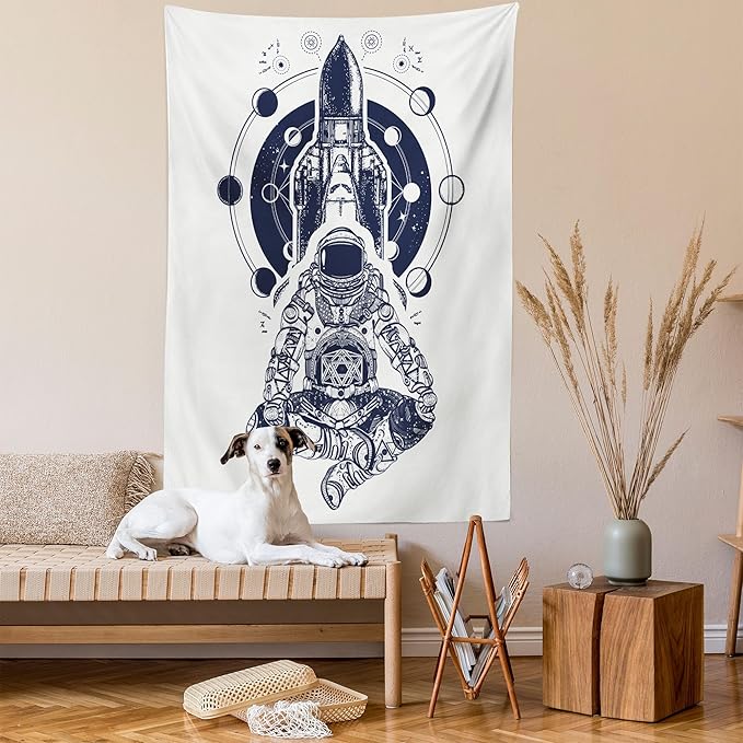 Lunarable Moon Phases Tapestry, Space Shuttle Astronaut in Lotus Position Tattoo Design Yoga Meditation, Wall Hanging for Bedroom Living Room Dorm Decor, 60" X 80", Dark Blue White