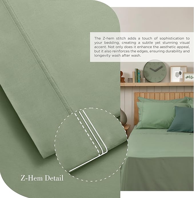 Linen Home 100% Cotton Percale Sheets Full Size, Oil Green, Deep Pocket, 4 Pieces Set - 1 Flat, 1 Deep Pocket Fitted Sheet and 2 Pillowcases, Crisp Cool and Strong Bed Linen
