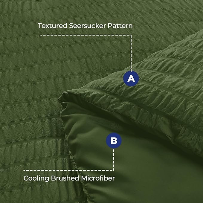 HYMOKEGE Olive Green Twin Comforter Set Seersucker 5 Pieces, All Season Luxury Bed in a Bag for Bedroom, Bedding Set with Comforter, Sheets, Pillowcase & Sham