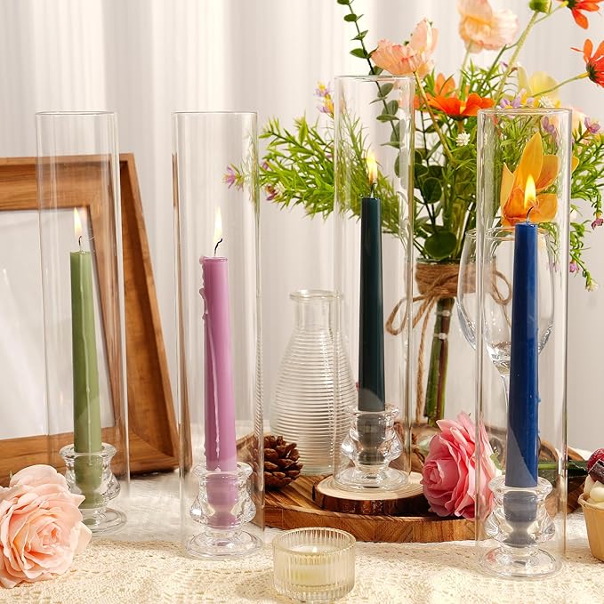 Hurricane Glass Candle Holders, Set of 4 Candlestick Holders for Taper Candle with 11.8" Tall Windproof Cylinder Covers Candle Stand Bulk for Table Centerpieces on Wedding Birthday Housewarming Decor