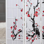 Roundhill Furniture White Japanese 4-Panel Screen Room Divider, Plum Blossom