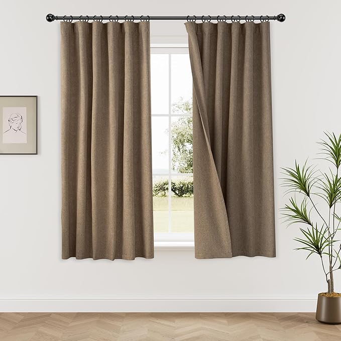 KangBang 63 Inch Blackout Curtains 2 Panel Sets, Double Sided Linen Thermal Drapes for Bedroom Kitchen, Back Tab Farmhouse Noise Reducing Small Window Curtains 2 PCs, Desert Biscuit, 52x63 Inch