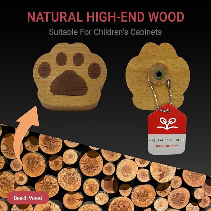 4PCS Wooden Cat's Paw Shaped Cabinet Knobs, Cabinet Handles, Single Hole Beech Wood Handles, Wood Hooks with Full Set of Screw Accessories