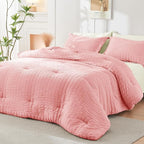 HYMOKEGE Pink/Ivory King Size Comforter Set Seersucker 7 Pieces, All Season Luxury Bed in a Bag for Bedroom, Bedding Set with Comforter, Sheets, Pillowcases & Shams