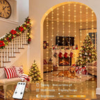 JMEXSUSS 600 LED Christmas Curtain Lights Outdoor, 9.5x19.6ft Christmas String Light Plug in with Remote, 8 Modes Wall Hanging Lights for Bedroom Party Backdrop Wedding Xmas Decor, Warm White