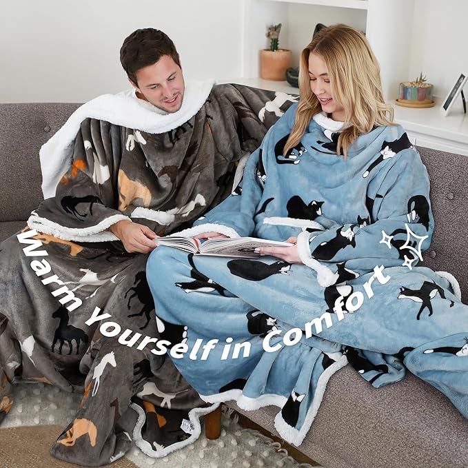 Catalonia Sherpa Wearable Blanket with Sleeves & Foot Pockets for Adult Women Men, Comfy Snuggly Wrap Sleeved Throw Blanket Robe, Gift Idea, Plaid Green, St. Patrick Gift