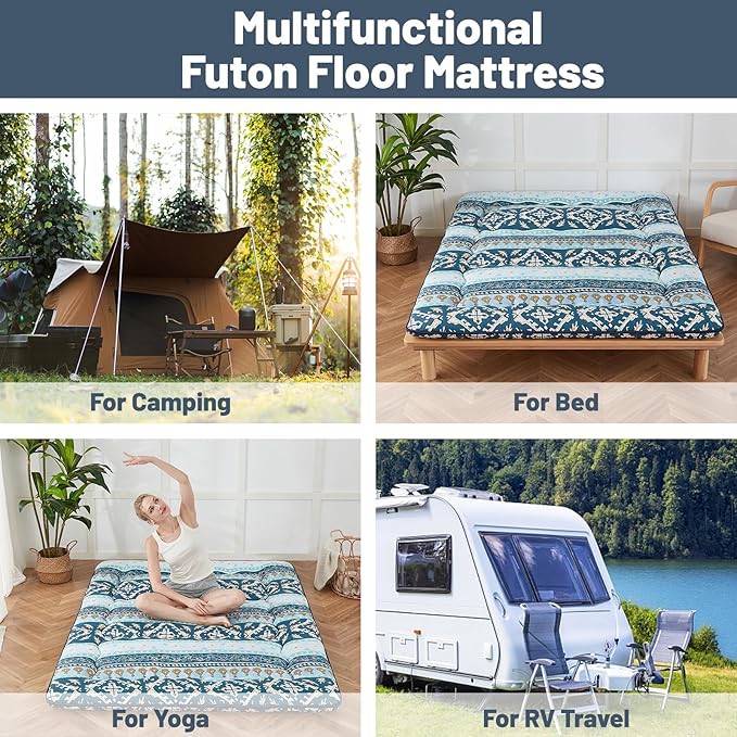 Japanese Floor Mattress, Futon Mattress with Storage Bag and Washable Cover, Roll Up Tatami Mat Suitable for Guest Room (Blue Striped Jacquard, Queen)