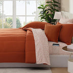 Monbix King Size Comforter Set - 7 Pieces Bed in a Bag King, Burnt Orange Track Stitching Bedding Sets, All Seasons Down Alternative Comforter Bed Set with Sheets