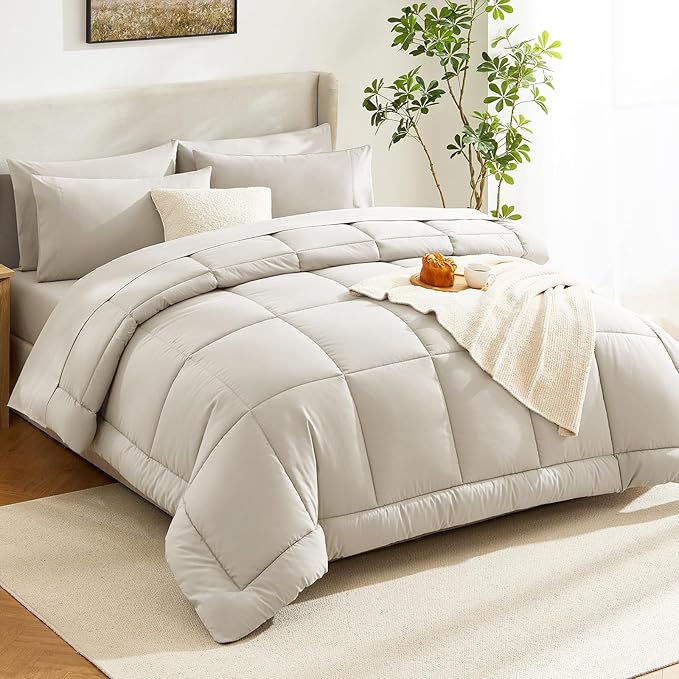 CozyLux Full Size Comforter Sets Beige, 7 Pieces Bed in a Bag, Beige Comforter Full Size, All Season Bedding Sets with Stitch Quilted Comforter, Flat Sheet, Fitted Sheet, Pillowcases