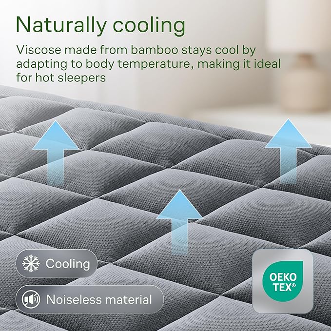 Ultra Soft Queen Size Mattress Topper - Viscose Made from Bamboo Pillow Top Mattress Pad for Back Pain Relief - Naturally Cooling for Hot Sleepers, Gray