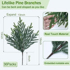 36 Pcs Christmas Greenery Pines Branch Pine Branches Artificial Green Pine Stem - Real Touch for Vase DIY Crafts Flower Arrangement Home Indoor Christmas Decor(18 Inch)