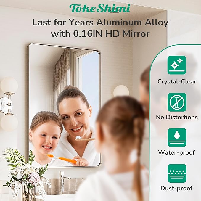 TokeShimi 48x30 Wall Mirror for Bathroom,Brushed Nickel Bathroom Vanity Mirror Modern,Tempered Glass,Large Bathroom Mirror Rectangle,Metal Framed Bathroom Mirror(Horizontal/Vertical)