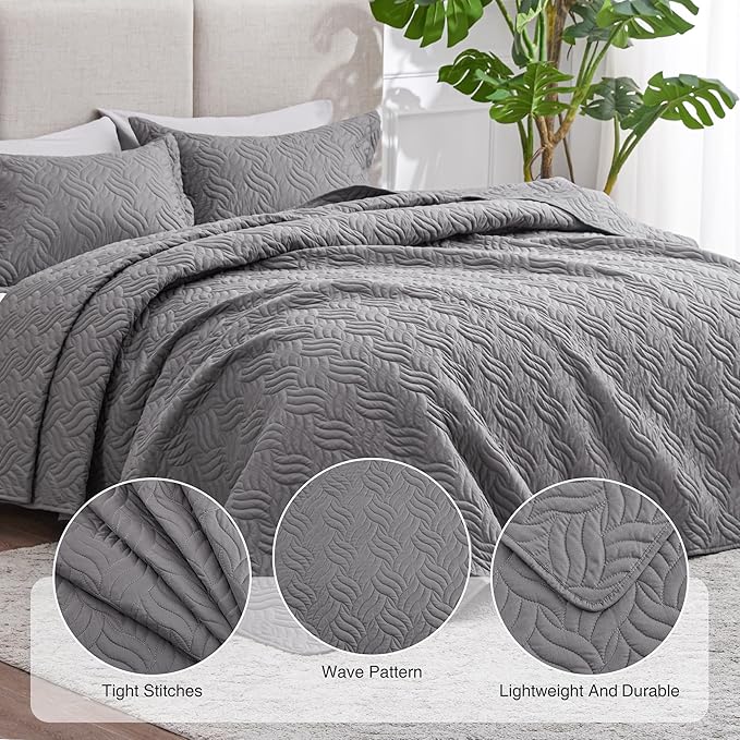 Love's cabin Twin Quilt Bedding Set Grey Bedspreads - Soft Bed Summer Lightweight Bedspread Comforter - Wave Pattern Bedding Coverlet for All Season - 2 Pieces (1 Quilt, 1 Pillow Sham)
