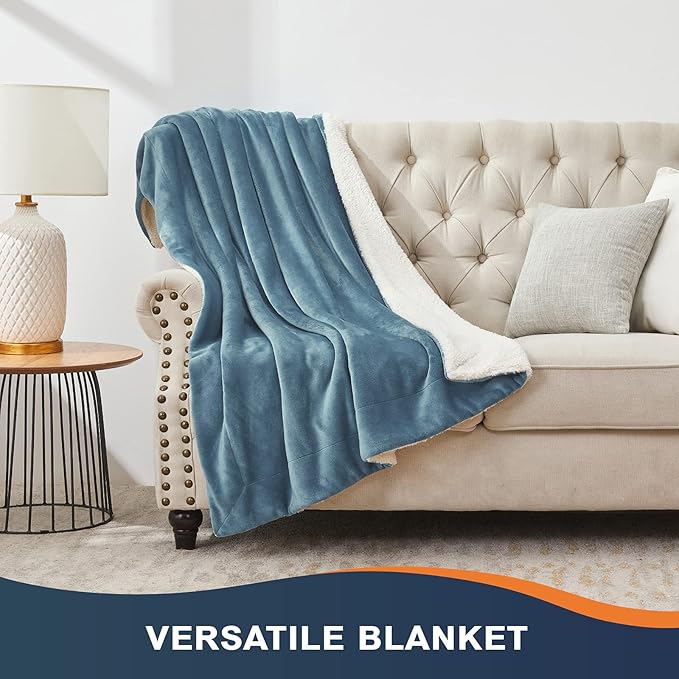 Walensee Sherpa Fleece Blanket (Throw Size 50”x60” Slate Blue) Plush Throw Fuzzy Super Soft Reversible Microfiber Flannel Blankets for Couch, Bed, Sofa Ultra Luxurious Warm and Cozy for All Seasons