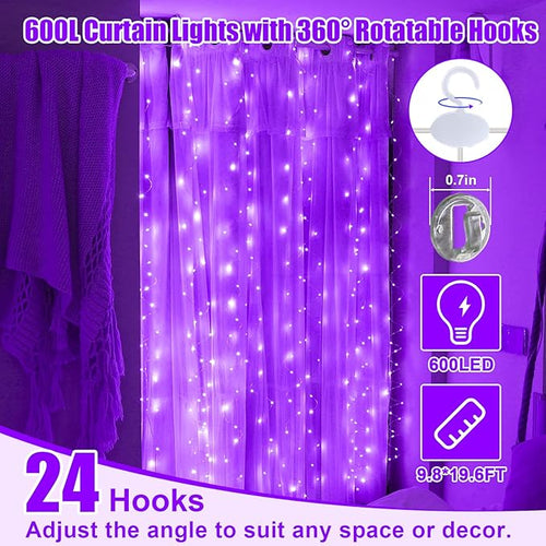 600LED Purple Curtain Lights for Bedroom, 19.6ft x 9.8ft Fairy Curtain String Light with 24 Hooks, 8 Modes Hanging Lights for Wedding, Party, Backdrop, Window, Xmas Decor