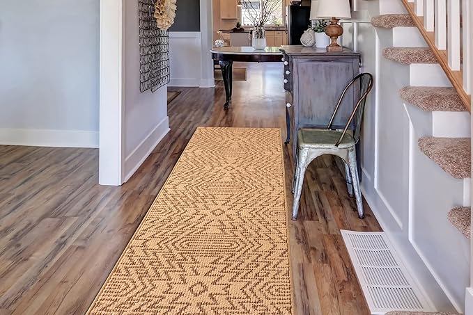 Custom Length Cut to Size Tribal Ethnic Southwestern Inspired Hallway Runner Rug, Non Slip Rubber Backed, 31 inch Wide X Customized Length, Inca Tan, 31 inch X 3 feet, Doormat Size