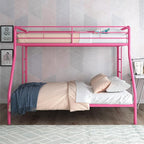 DHP Dusty Metal Bunk Bed Frame, Twin-Over-Full for Kids, Teens, Adults, Angled Ladder, Guardrail, No Boxspring, Small Spaces, Pink