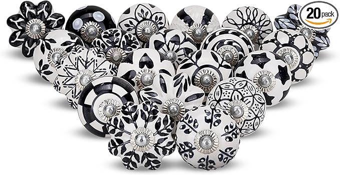 Knobs for Cabinets and Drawers Assorted Black & White Ceramic Cupboard Wardrobe Furniture Knob Door Pull Handles for Dresser Kitchen Wardrobes Boho Home Interior Decor - Pack of 20