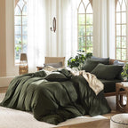 MooMee Bedding Duvet Cover Set 100% Washed Cotton Linen Like Textured Breathable Durable Soft Comfy (Solid Olive Green, Full 80"x90")