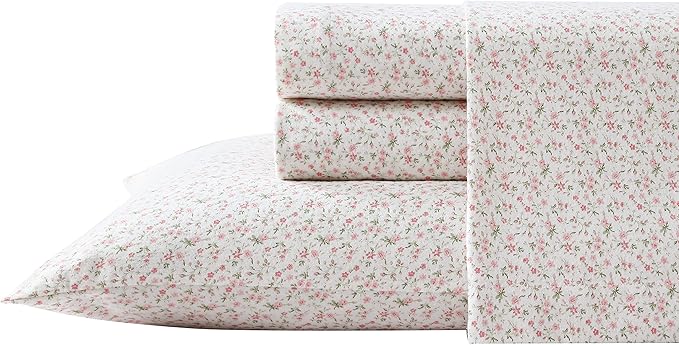 Laura Ashley - Flannel Sheets Full Size, Anti-Pilling & Wrinkle Resistant Cotton, Touchably Soft for All-Season Comfort - Bed Sheets with Matching Pillowcase & Fitted Sheet (Evie Pink)