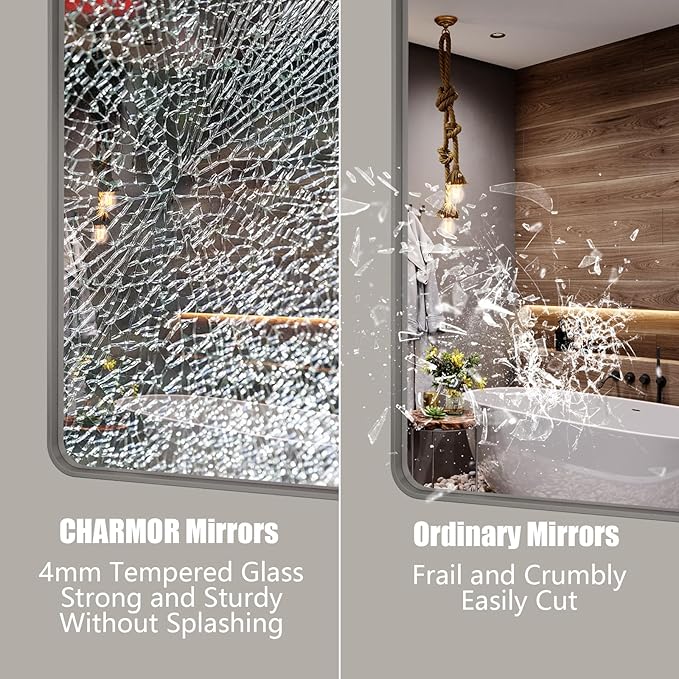 60x40 Inch Brushed Nickel Bathroom Mirror, Silver Bathroom Mirrors for Vanity, Rectangle Silver Metal Frame Bathroom Mirror for Wall, Shatterproof, Hangs Horizontally or Vertically