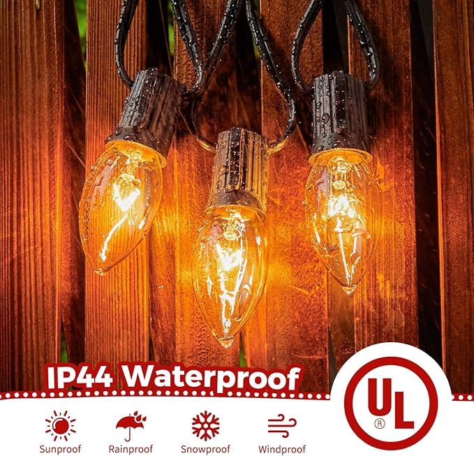 Brightown 100 Feet C9 Christmas String Lights, Outdoor Christmas Lights with 100 Clear C9 Light Bulbs for Outdoor Patio Room Party Backyard Christmas Decoration, Glass Bulb, Black Line