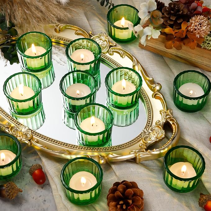 Mumufy 100 Pack Glass Tealight Candle Holder Ribbed Votive Candle Holder for Centerpiece Wedding Proposal Spa Aromatherapy Meditation Home Decor (Green)