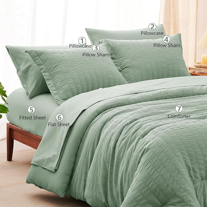 CozyLux Queen Comforter Set Sage Green Seersucker 7 Pieces Bed in a Bag Queen Comforter Set with Sheets Luxury Soft Bedding Set with Down Alternative Comforter, Sheets, Pillowcases & Shams All Season