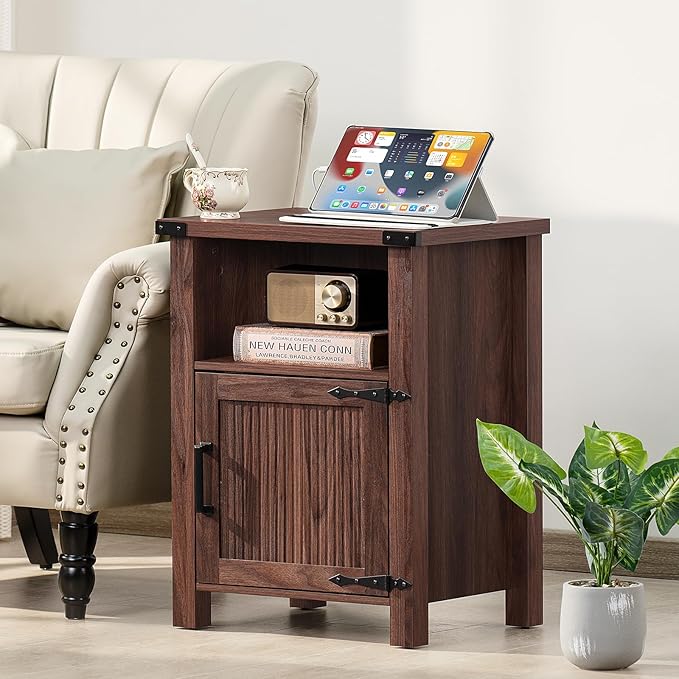 Night Stand, 18 Inch Farmhouse Nightstand with with Charging Station and USB Port, Rustic Couch End Table with Magnetic Door, Wood Bed Side Tables for Bedroom, Home, Brown Walnut