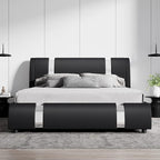 SHA CERLIN Modern Faux Leather Queen Bed Frame with Adjustable Headboard and Iron Accents, Deluxe Upholstered Platform Bed with Solid Wooden Slats Support/No Box Spring Needed, Black